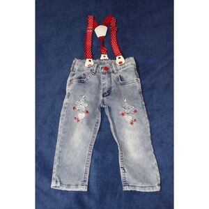 Baby Girls Embroidered Jeans Suspenders Red White Blue Hearts Flowers 12 mos EUC